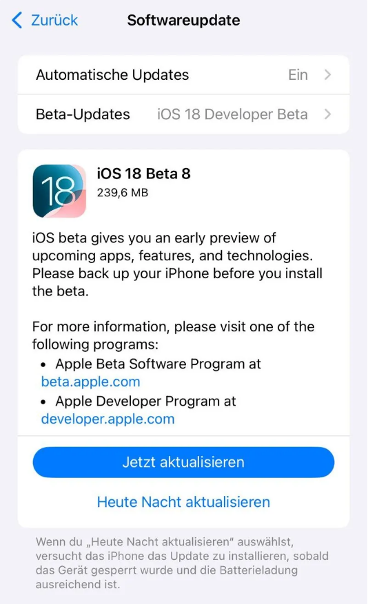 岭口镇苹果手机维修分享苹果 iOS / iPadOS 18 开发者预览版 Beta 8 发布 